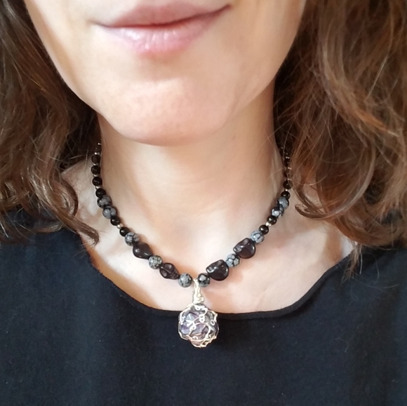 D20 Tourmaline Snowflake Obsidian Necklace - Picture 15 of 16